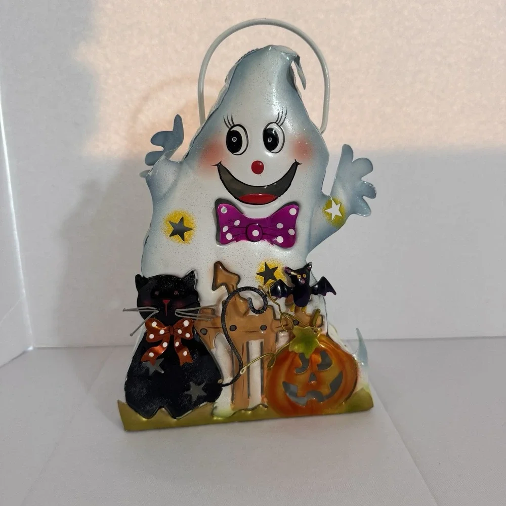 Vintage Halloween Metal Candle Tin Ghost Pumpkin and Cat Home Accent Tea Light‎